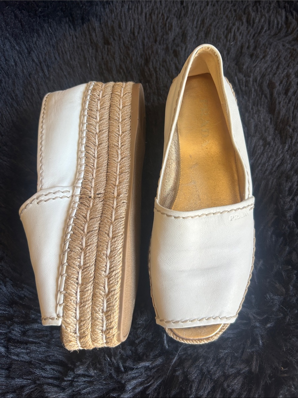 Prada white leather peep-toe platform espadrilles retail $710-$850